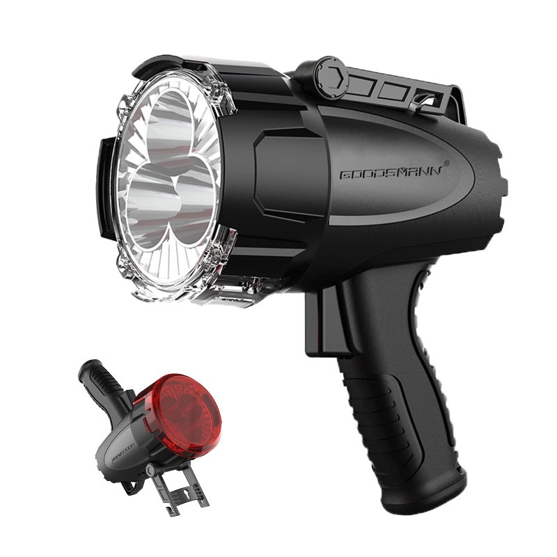 GOODSMANN Rechargeable Marine Spotlight up to 6000 Lumen Portable Handheld Spot Light Waterproof Searchlight 70W Hunting Work Flashlight with USB Adapter Car Charger EVA Carrying Case Red Lens Filter - Image 1